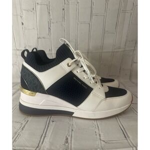 *NEW* MK Michael Kors Georgie Knit Trainer Raffia SF Stretch Knit Navy Womens 10